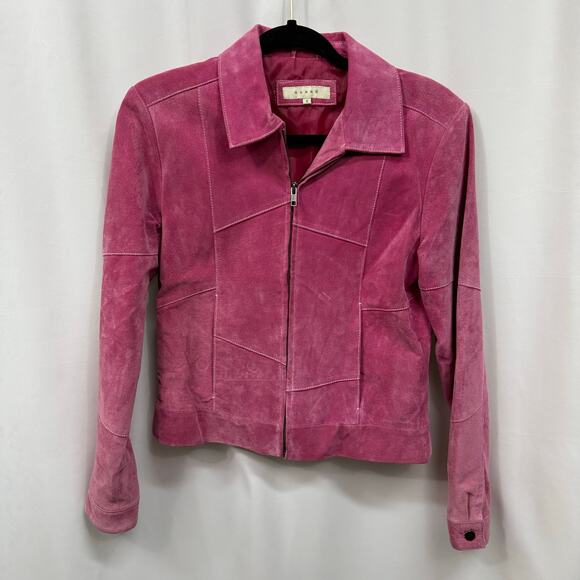 Sorbe Pink 100% Suede Leather Y2K Vintage Moto Fitted Jacket Coat Zip Up Small - Picture 1 of 7